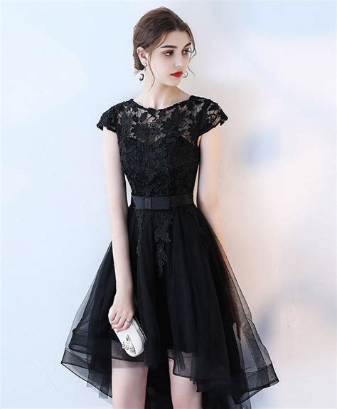 Black Lace Short Prom Dress Hight Low Evening Dress