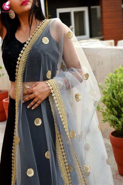 buy grey net double border dupatta   india indian women fashion indian designer