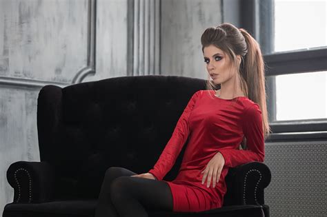 Girl In Red Dress Sitting On A Sofa Wallpaper Hd Girls Wallpapers 4k