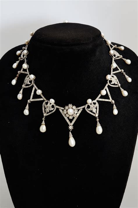 important antique natural pearl diamond platinum necklace eleuteri