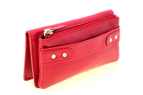 womens genuine leather clutch wallet large zipper pocket  button
