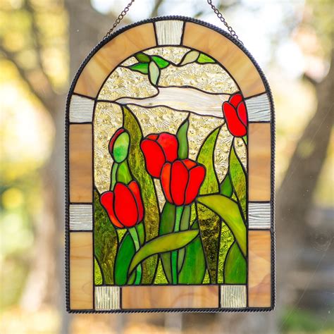stained glass red tulips window hanging flower panel