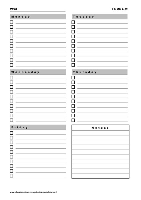 printable   list  days weekly plan templates