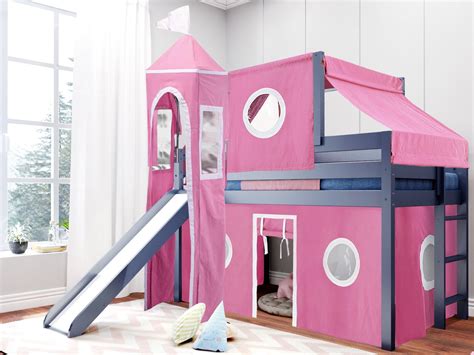 jackpot princess  loft bed   pink white tent  tower loft bed twin blue