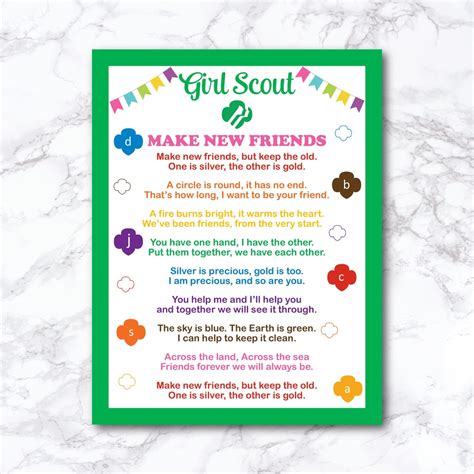 girl scout   friends song lyric poster letter size digital  troop leader