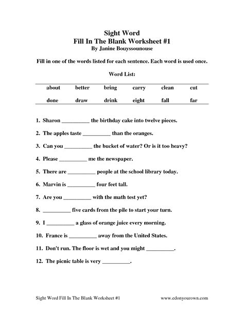 images  fill   blank sight word worksheets fill
