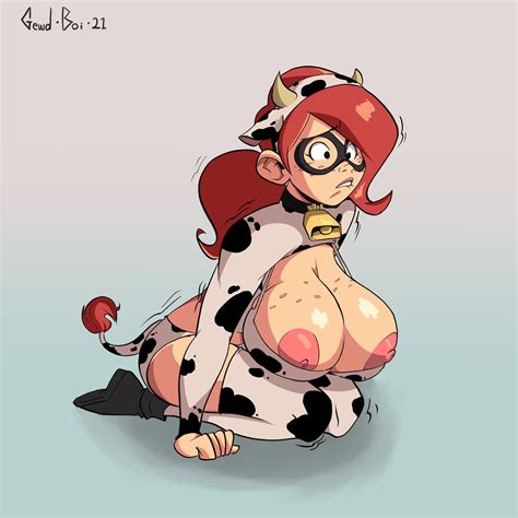 rule 34 biting lip cleavage cow horns cow print cow tail cowbell