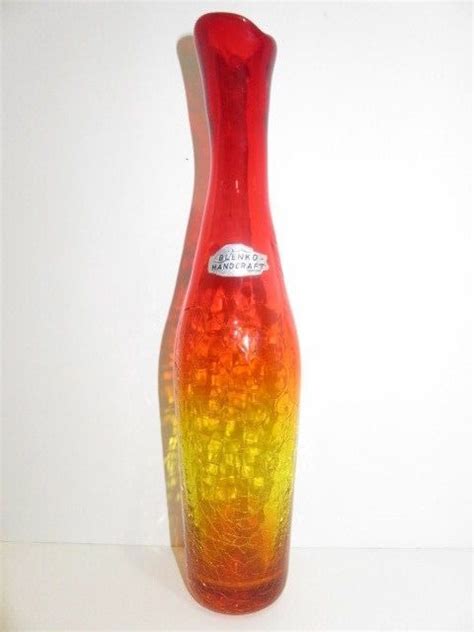 Vintage Blenko Glass Mid Century Modern Amberina Red And Yellow Crackle