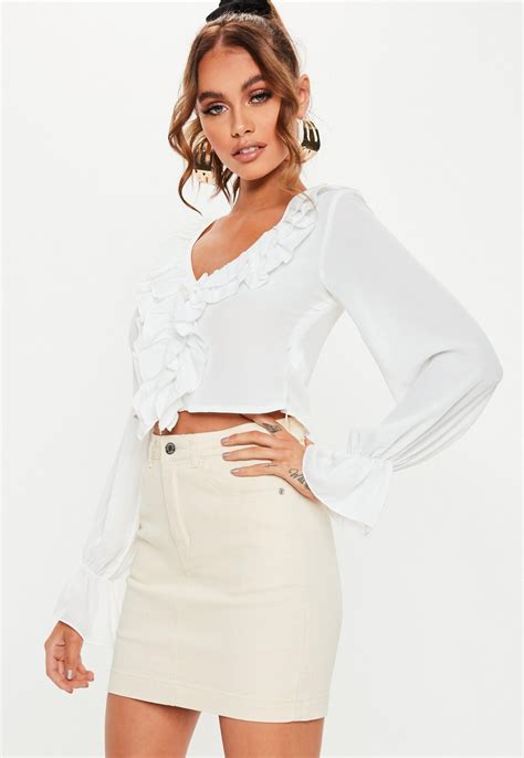 white ruffle front crop blouse missguided long sleeve ruffle crop