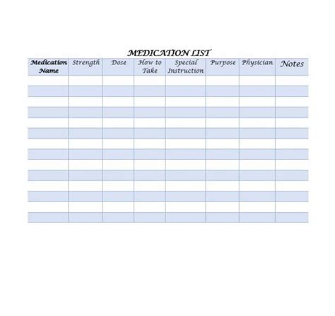 medication list template   printable templates