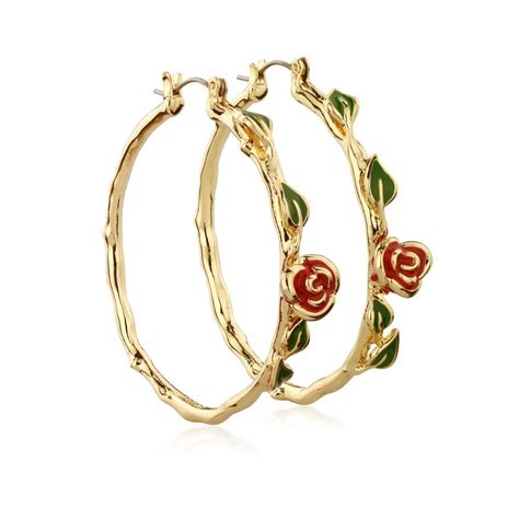disney couture beauty  beast kt gold plated belles rose hoop earrings disney jewelry