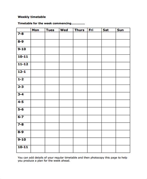 sample weekly timetable templates   ms word
