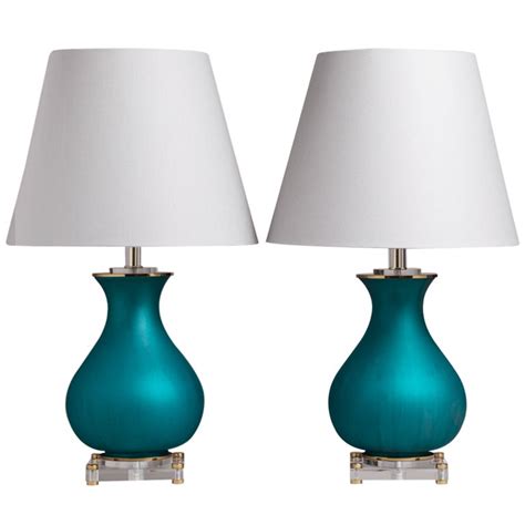 An Unusual Pair Of Teal Glass And Lucite Table Lamps 1960s
