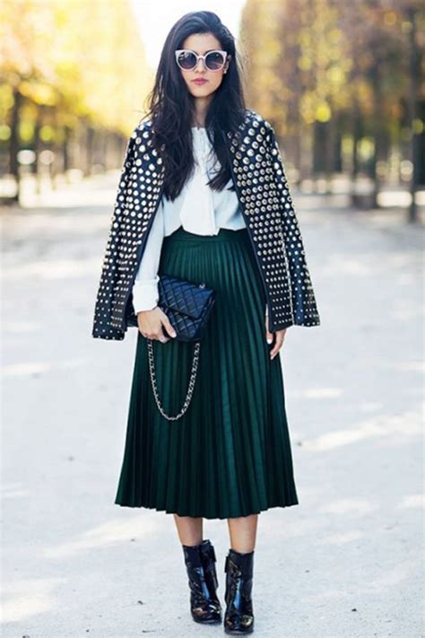 how to wear ankle boots with skirts green pleated skirt fashion