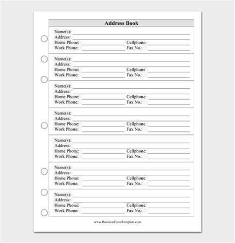 address book template printable templates