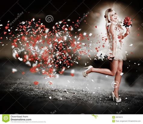 happy flower girl in a running love heart romance stock