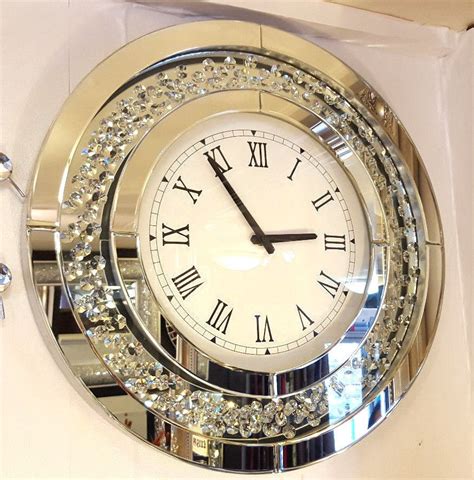 modern floating crystals bevelled mirror glass  wall clock cm