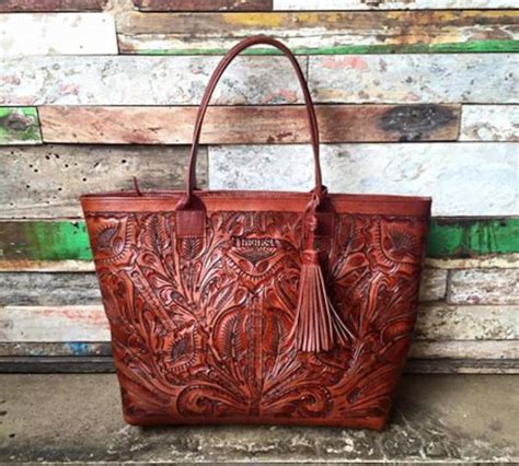 hand tooled totecarved leather bagtooled bagbrown leather etsy