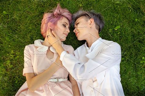 happy playful lesbian couple in love featuring love