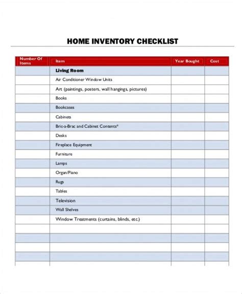 home contents inventory list template    inventory list