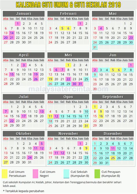 kalendar cuti umum  cuti sekolah