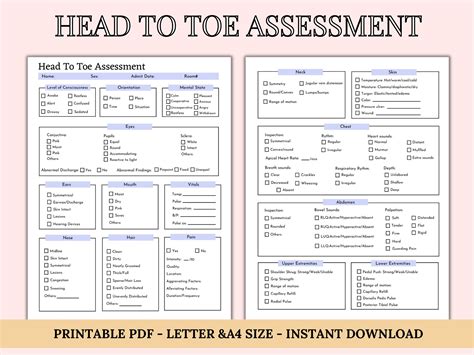 head  toe assessment template nursing checklist nursing student notes