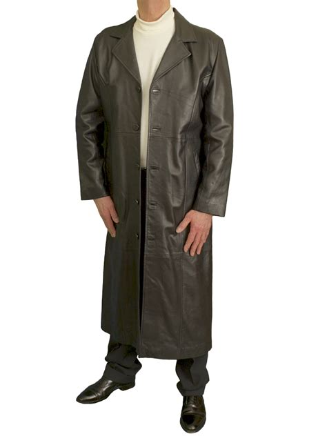 Mens Long Soft Black Leather Trench Coat Full Length