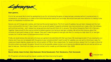 cd projekt red offers apology and refunds for cyberpunk 2077