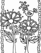 Birdie Coloring Flowers Adult Book Instant Printable sketch template