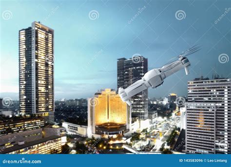 white drone  camera flying  modern city  skyscrapers stock photo image  high