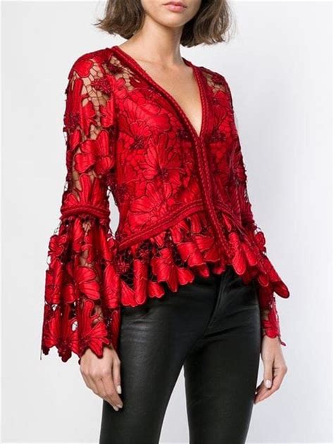 Red Lace Blouse In 2021 Lace Top Long Sleeve Red Lace Blouse Lace
