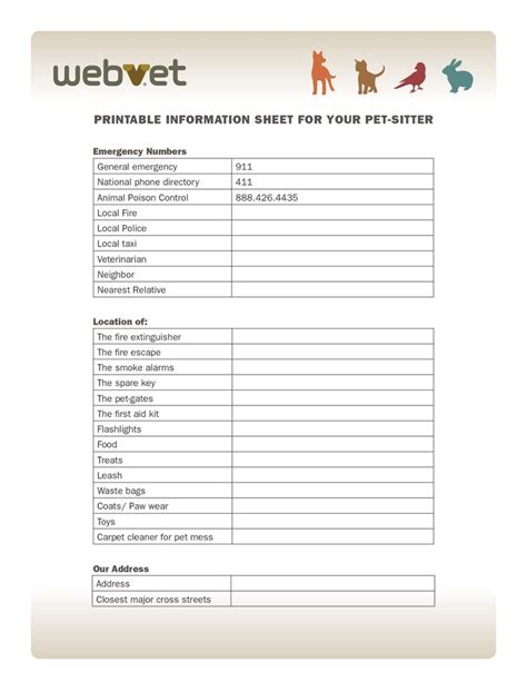 printable information sheet   pet sitter emergency numbers dog