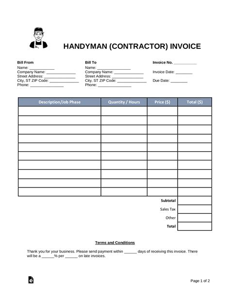 printable contractor invoice template printable templates