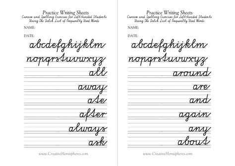 cursive writing worksheets  left handers  printable