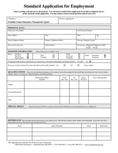 Application Form For Job Standard Job Application Form Employment