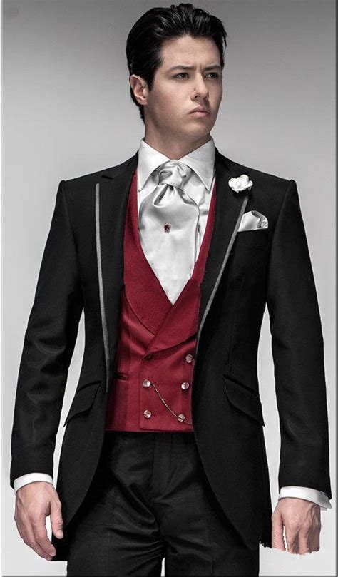 Custom Made Groom Tuxedos Black Suit Red Vest Notch Lapel Best Man