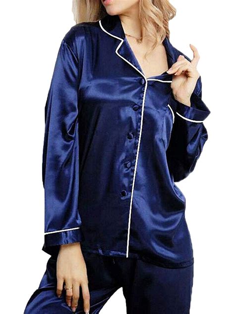 womens girls silk satin pajamas long sleeve loose sleepwear nightwear