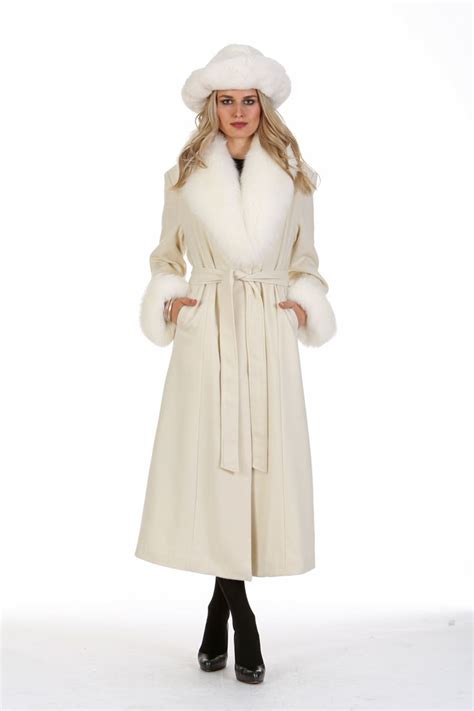 Womens Full Length Cashmere Coat With Fox Fur Collar And Cuffs Winter