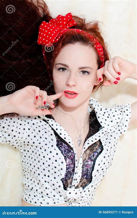Beautiful Redhead Pinup Girl Having Fun Relaxing Stock Image Image Of