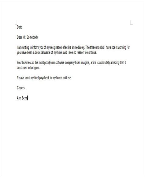 rude resignation letters   sample  format