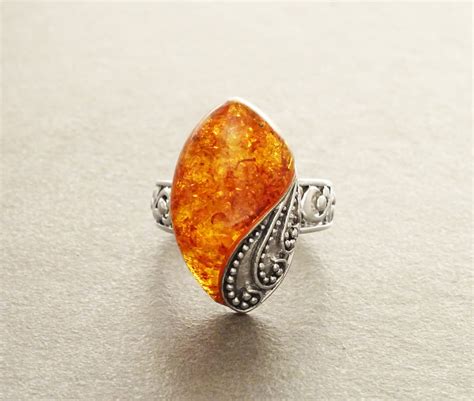 boho amber ring sterling silver  genuine amber gemstone  inclusions intricate filigree