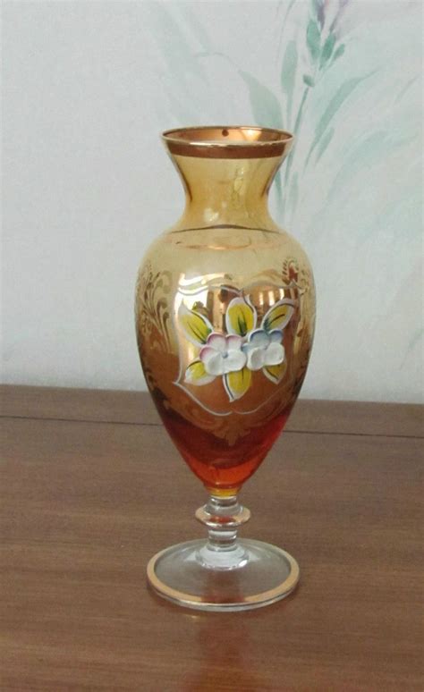 Amber Glass Decorative Pedestal Vase With Gold Trim And Hand Painted