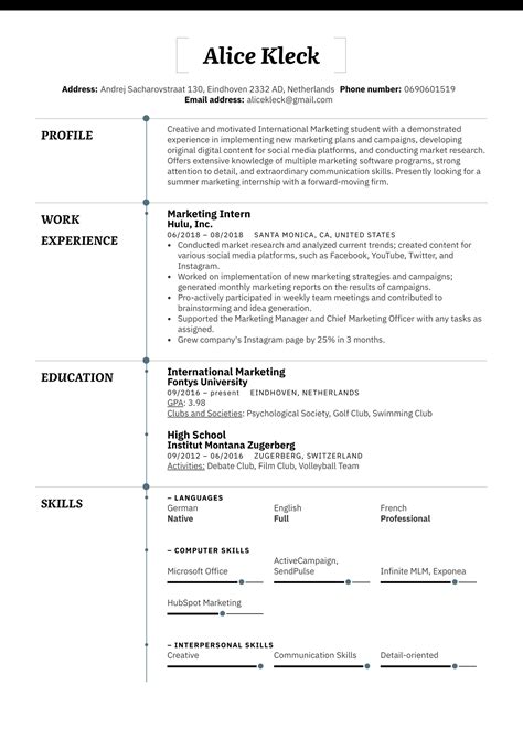 marketing intern resume  kickresume