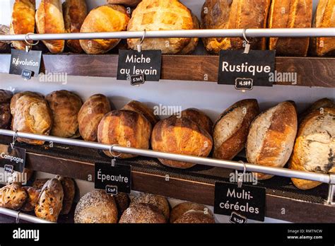 french bakery display   kinds  bread loaves stock photo