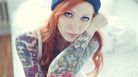 Wallpaper Face Women Redhead Model Blue Eyes Tattoo Fashion