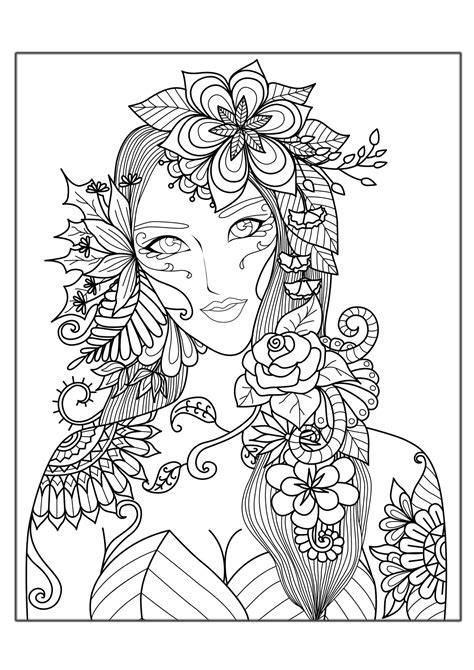 woman flowers anti stress adult coloring pages