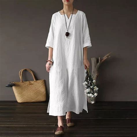 women white dress summer casual solid plus size vintage ankle length
