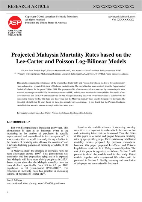 Pdf Projected Malaysia Mortality Rates Based On The Lee Carter And