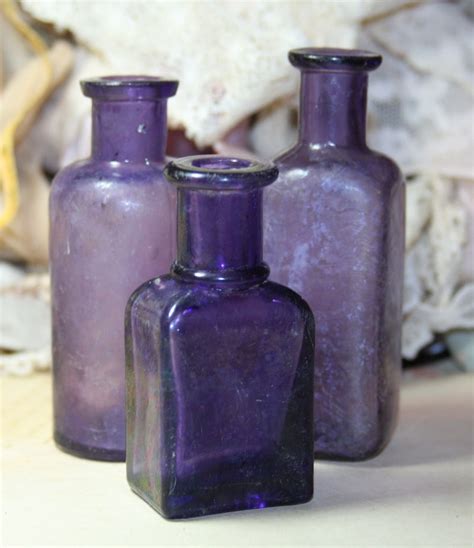 Violet Shaded Antique Glass Bottles In Purple Set Of 3