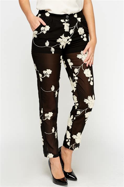 embroidered flower mesh trousers